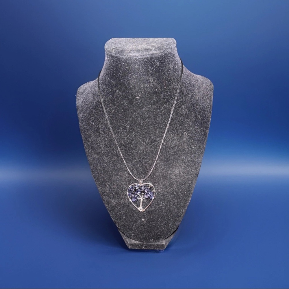 Heart-Shaped Braided Tree of Life Cobalt Crystal Gemstone Pendant Necklace
